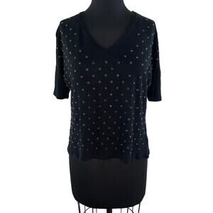 NOTSHY Black Linen V-Neck Beaded Jeweled Short Sleeve Top M Medium